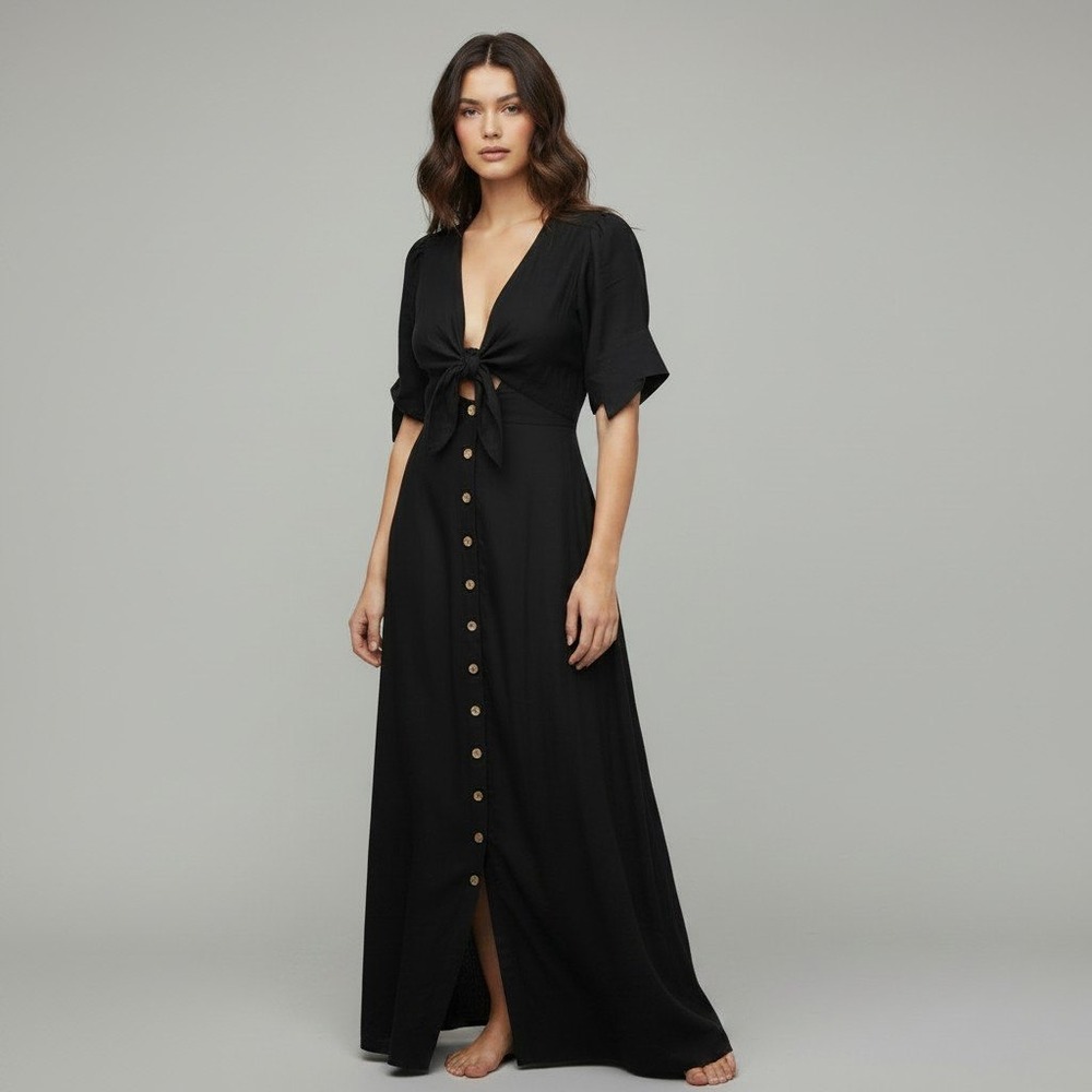 Free People Black Linen Blend Tie Front Button Down Maxi Dress Size XS OB1020648